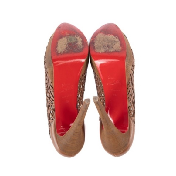 Christian Louboutin Pampas Tan Floral Lasercut Lady Peep Heel | 39 - Picture 11 of 11
